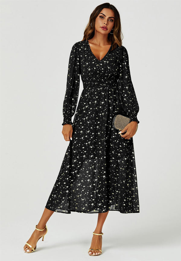 Gold Star Foil Long Sleeve Maxi Dress In Black