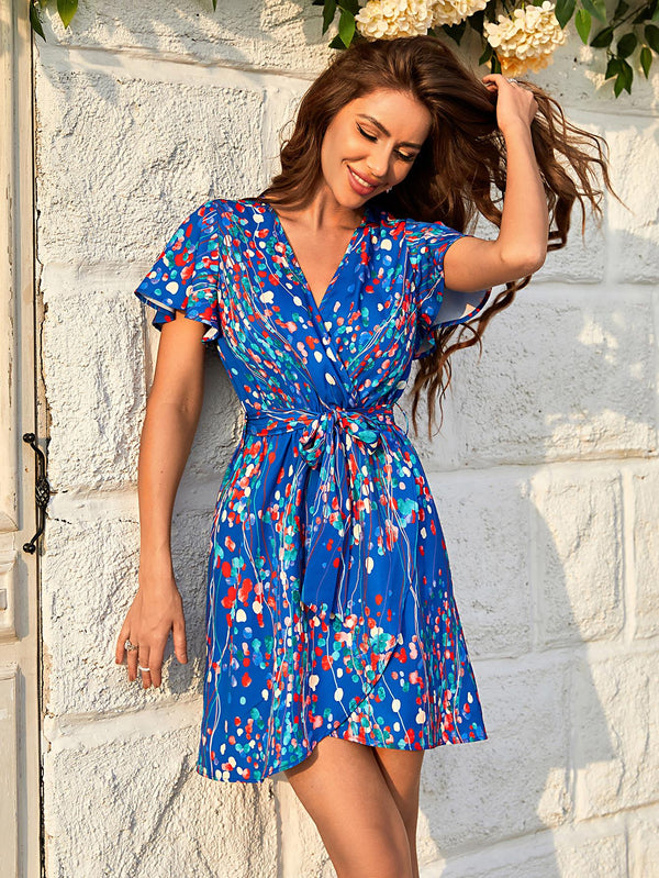 Abstract Floral Print Angel Sleeve Wrap Top Mini Dress In Blue
