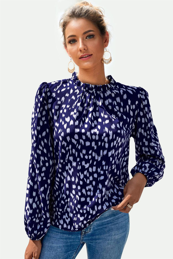 Animal Print Frill Detail High Neck Top In Navy