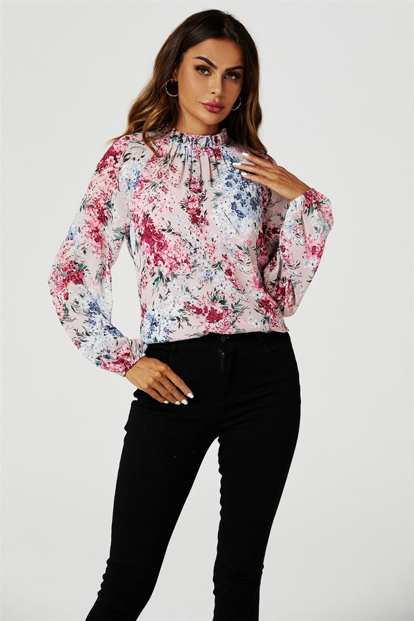 Floral Print Long Sleeve Frill High Neck Top In Pink