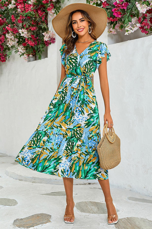 Floral Print Wrap Dress In Yellow & Green
