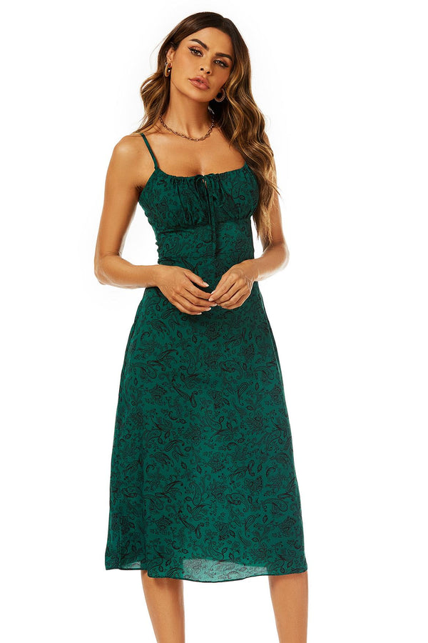 Scoop Neckline Strappy Midi Dress With Keyhole In Green