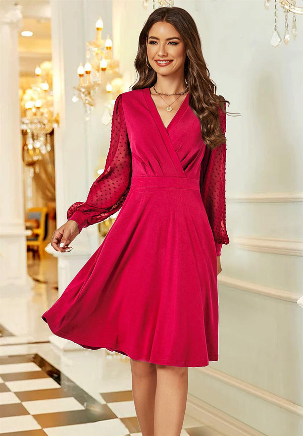 Langes, plissiertes Midikleid mit Chiffonärmeln in Weinrot 