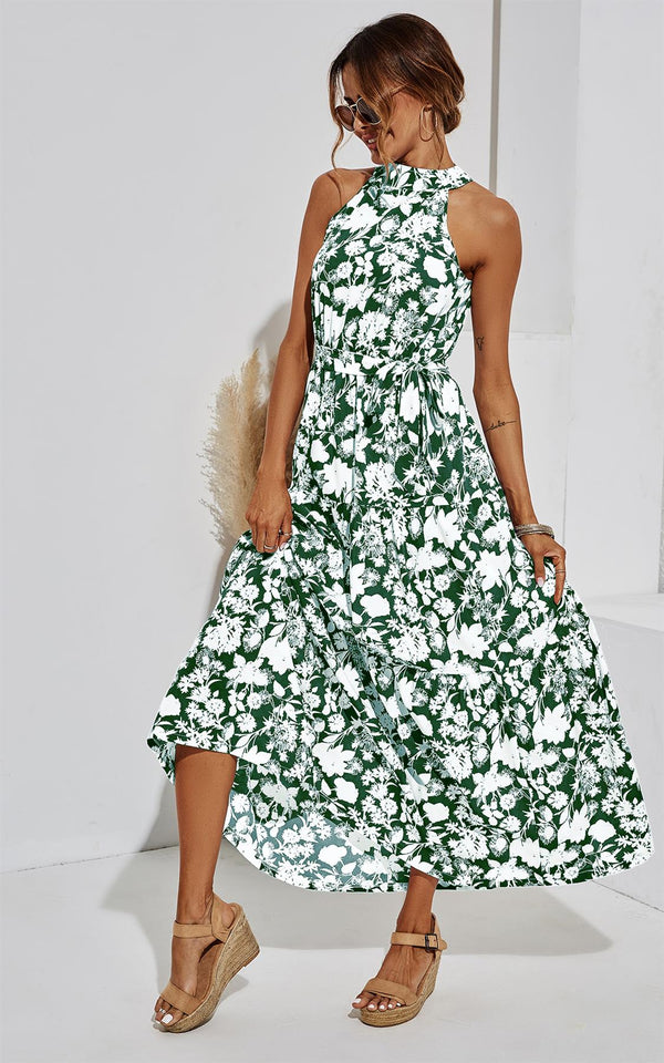 Halter Neck Midi Layer Dress In Green & White Flora Print