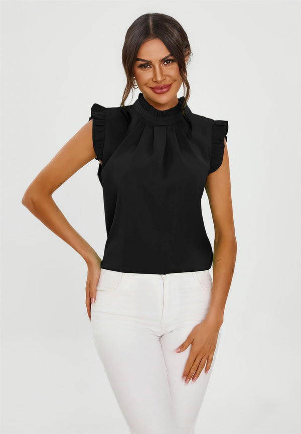 Bluse mit Stehkragen und Rüschenärmeln in Schwarz