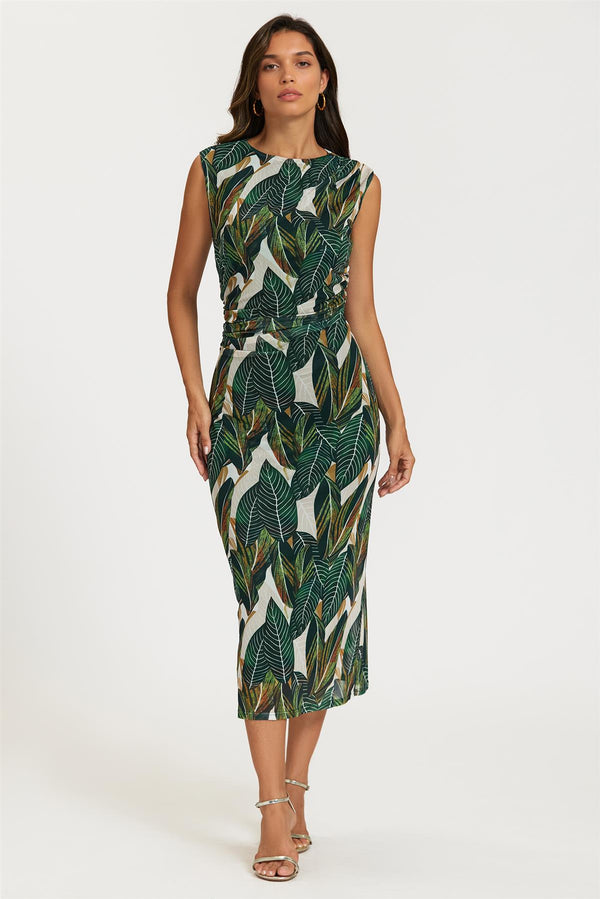 Leaf Print Mesh Maxi Dress In Green