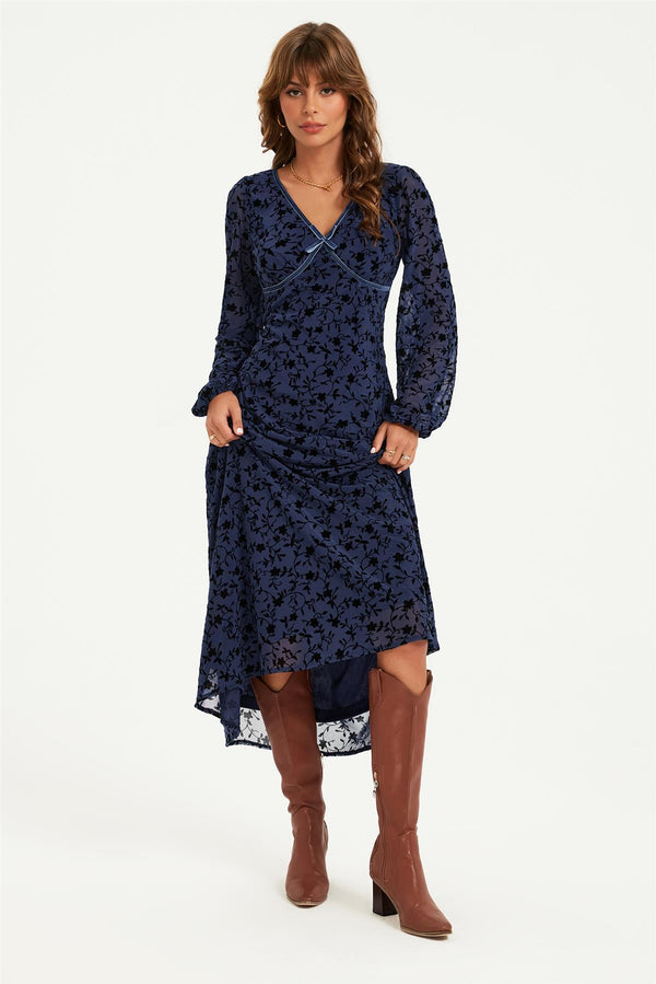 Floral Velvet Devore V Neckline Midi Dress In Navy