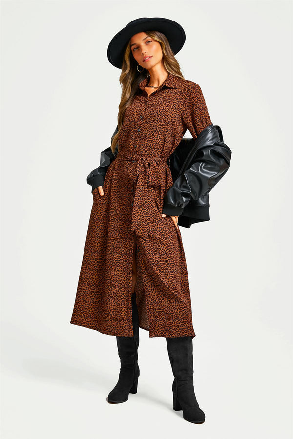 Brown Leopard Print Shirt Midi Dress With Tie Waist + Gold Stretch Leaf Belt