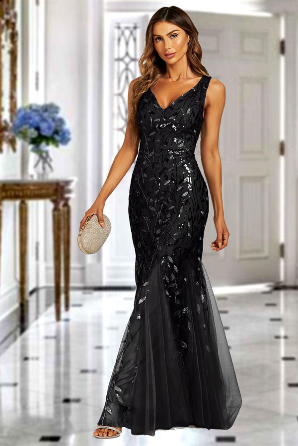 Sequin Leaf Detailed V Neck Bridesmaid Maxi Dress In Black