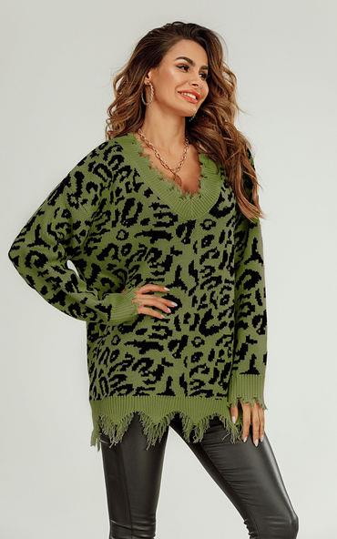 Oversize Knit Jumper In Olive Green And Black Leopard Print