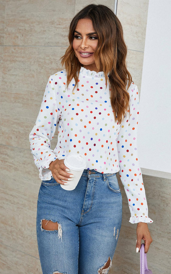 Polka Dot Print Frill Detail High Neck Top In White