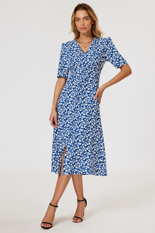 Floral Print Button Front Midi Dress In Blue