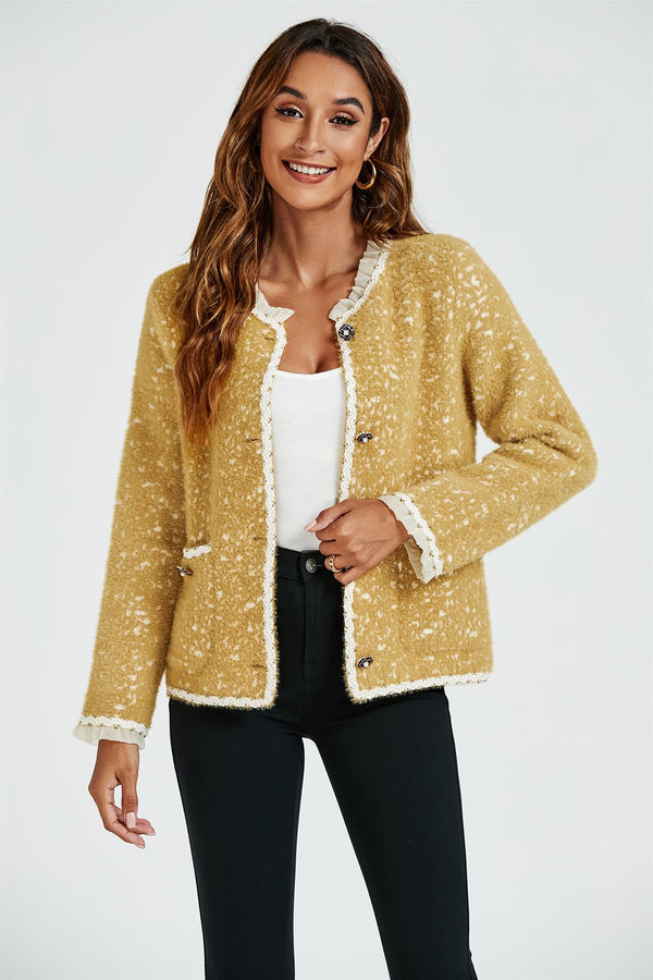 Lace Trim Boucle Jacket In Yellow