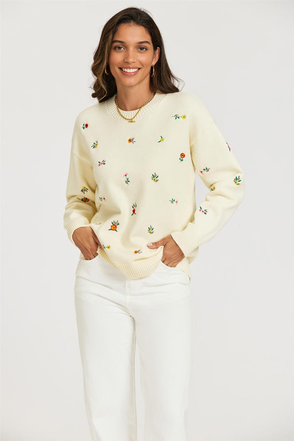 Embroidered Floral Knit Jumper Top In Cream