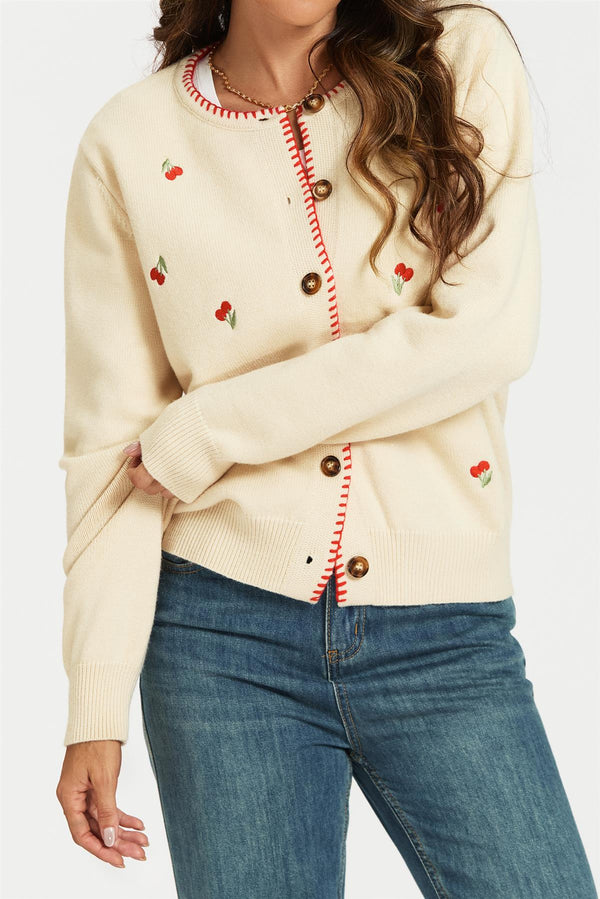 Red Trim Embroidered Cherry Knit Cardigan In Cream