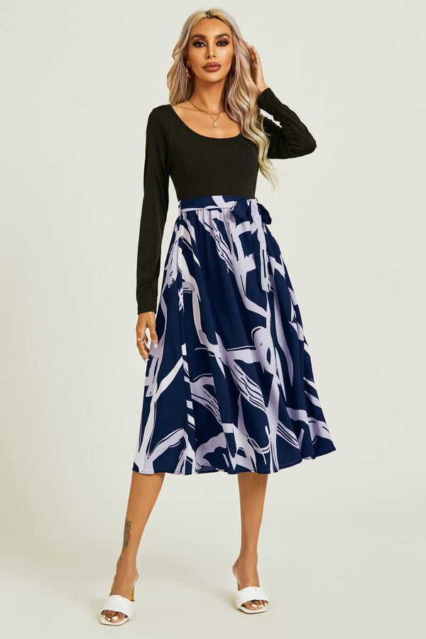 Printed 2 In 1 Midi Dress Long Sleeve Top In Navy