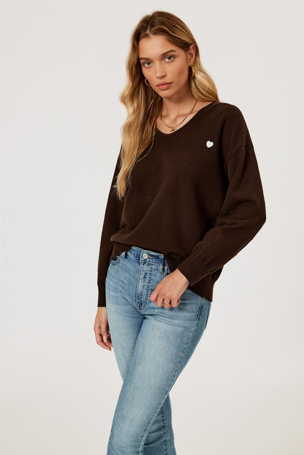 Heart Embroidered Knit Jumper Top In Brown