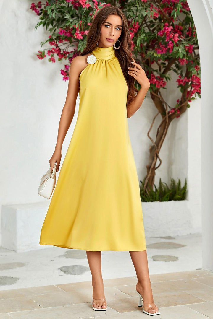 Satin Halter Neck Tie Back Midi Dress In Yellow FS Collection (London)