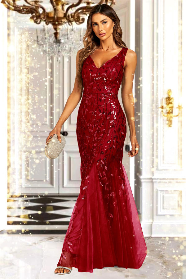 Sequin Leaf Detailed V Neck Bridesmaid Maxi Dress In Wine