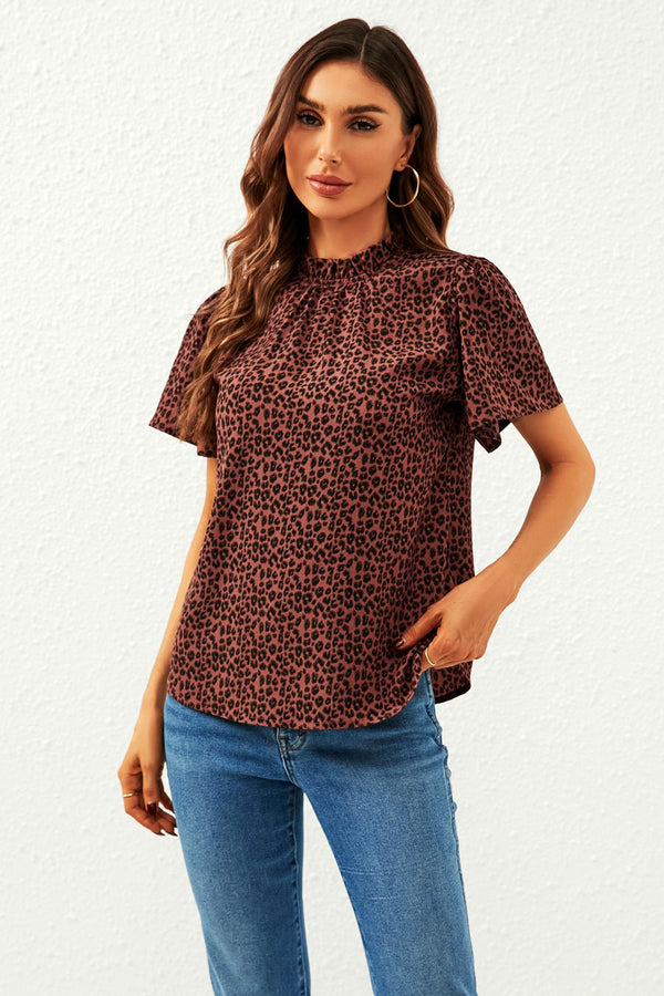 Leopard Print Angel Sleeve High Neck Top/Blouse In Rusty