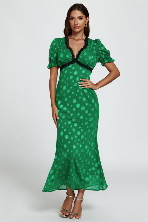 green emerald velvet dress Green Polka Dot Tie Neck Midi Dress & Reviews - Green - Dresses