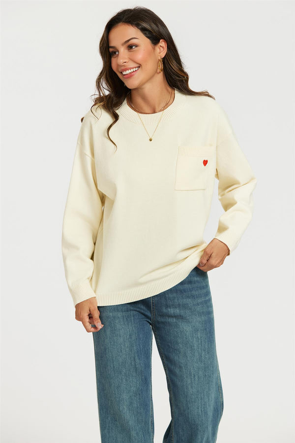 Heart Embroidered Knit Jumper Top In Cream