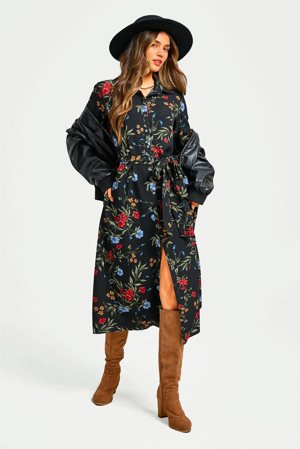Black Floral Print Shirt Midi Dress With Tie Waist + Gold Stretch Leaf Belt