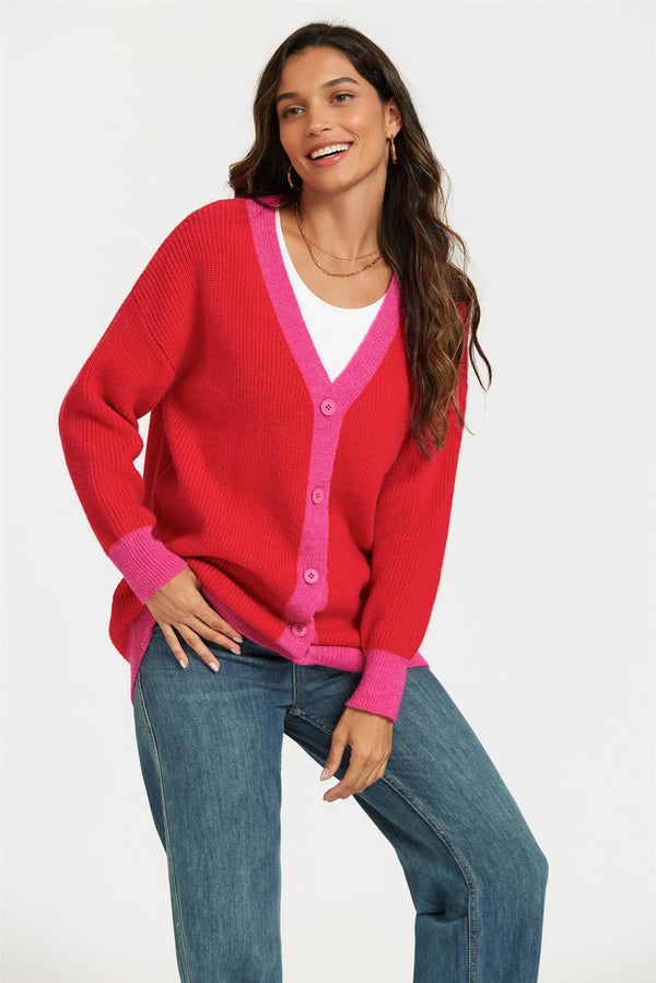 Heart Embroidery Pink Stripe Trim Cardigan Top In Red