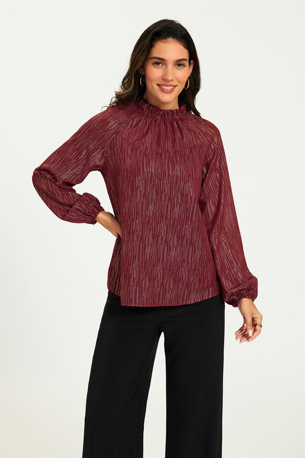 Gold Stripe Foil Long Sleeve Frill High Neck Top In Wine