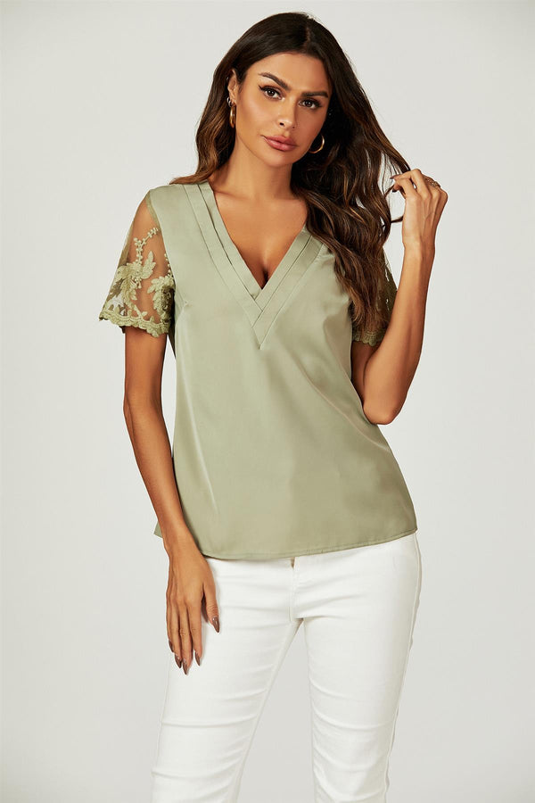 Lace Short Sleeve v Neck Blouse Top In Olive