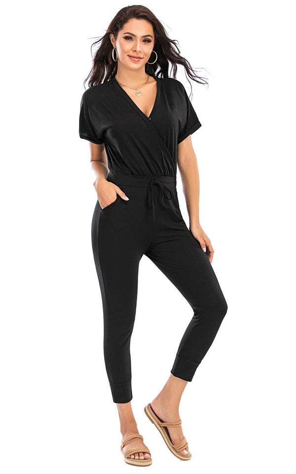 Stretch Wrap Jumpsuit With V Neck In Black