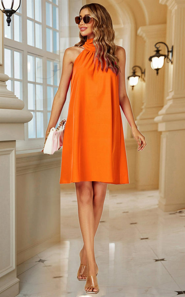 Halter Neck Tie Back Mini Dress In Orange