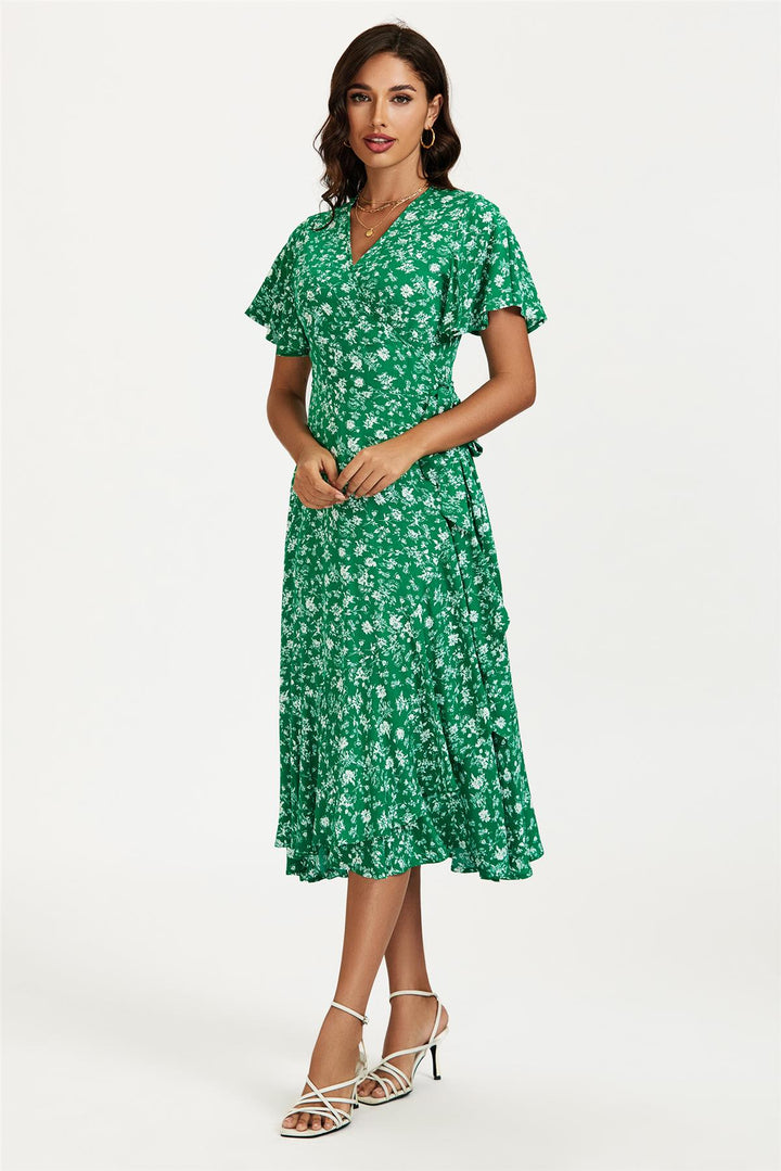 Floral Print Midi Wrap Dress In Green FS Collection (London) Floral Print Midi Wrap Dress In Green FS Collection (London)