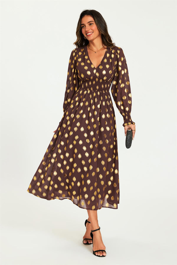 Gold Foil Long Sleeve Maxi Dress In Brown