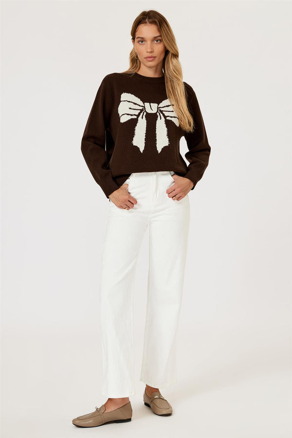 Bowknot Pattern Knit Jumper Top In Brown