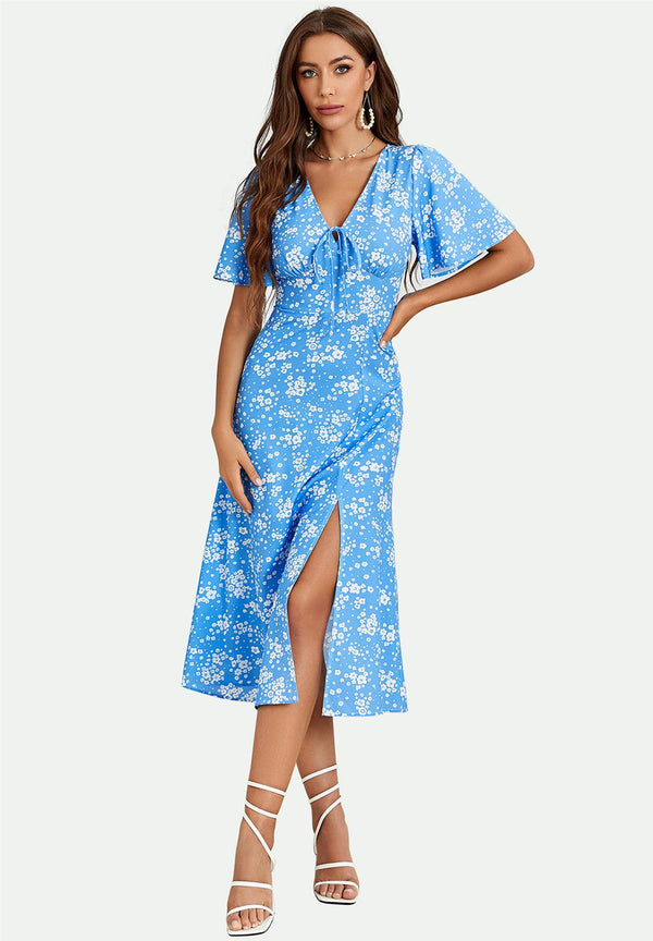 Angel Sleeve Midi Dress In Blue