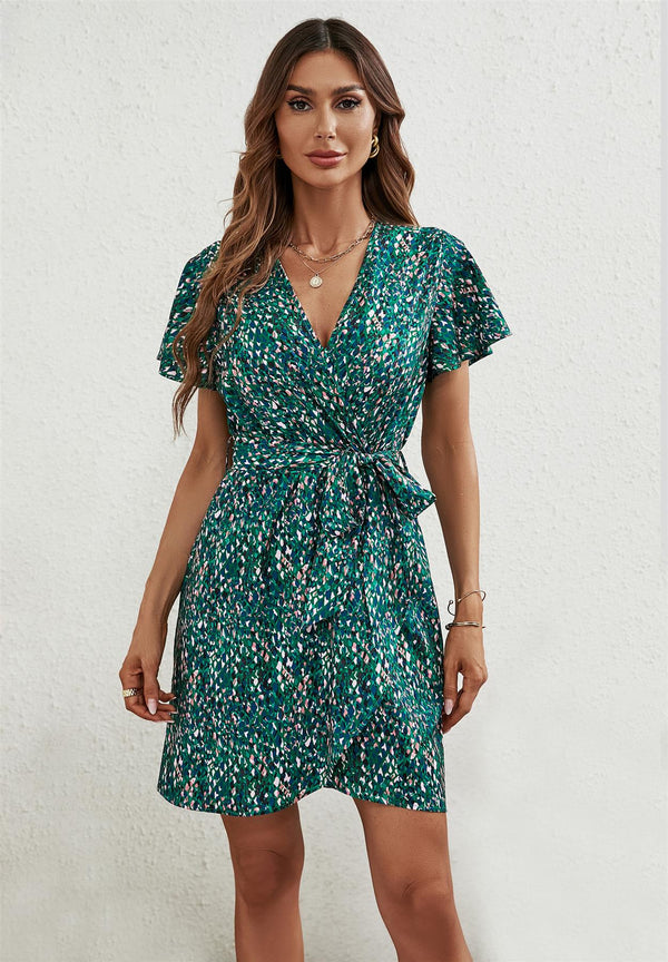 Angel Sleeve Wrap Top Mini Dress In Green