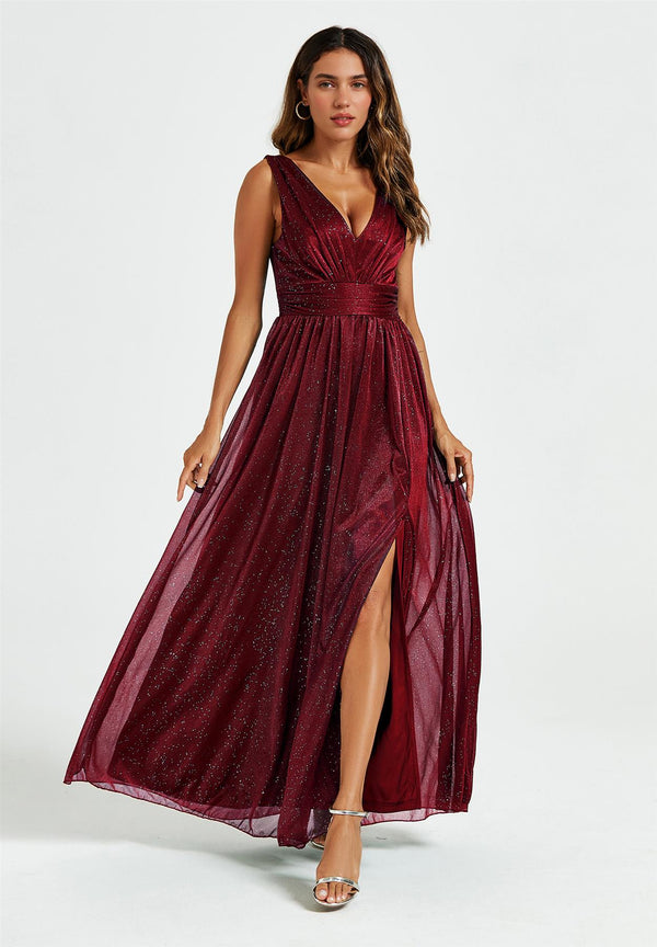 Sparkly V Neck Bridesmaid Maxi Dress In Burgundy