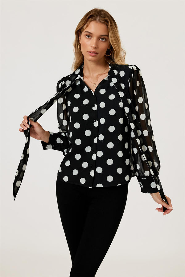 Dot Print Tie Detail long sleeve Blouse Top In Black