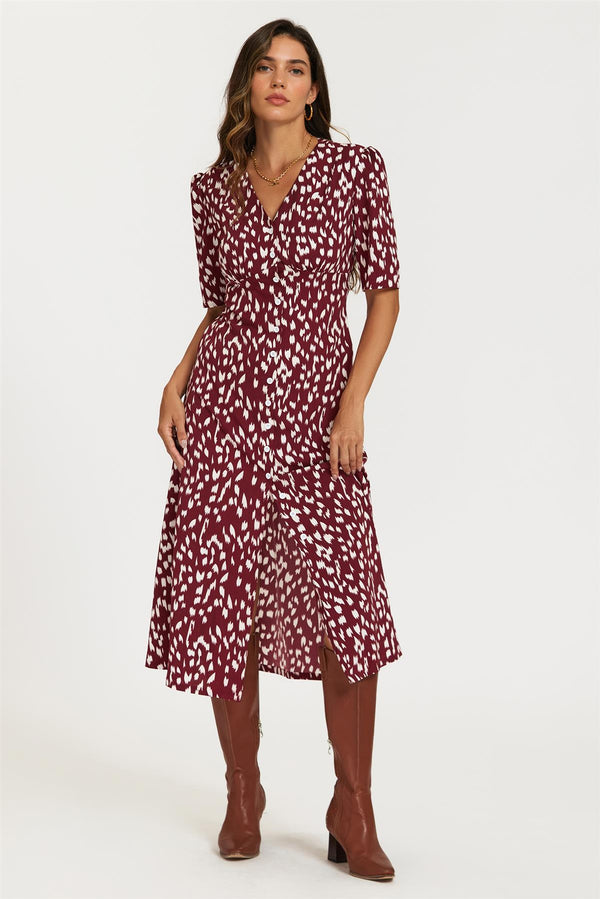 Brushstroke Print Button Front Midi Dress In Burgundy