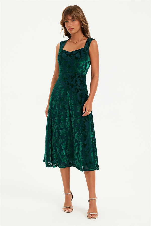 Floral Velvet Devore Sweetheart Neck Midi Dress In Green