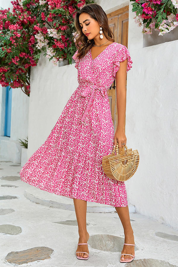 Leopard Print Wrap Dress In Fuchsia Pink