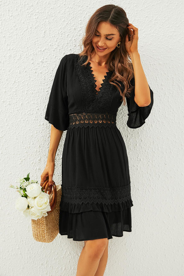 V Neck Lace Mini Dress In Black