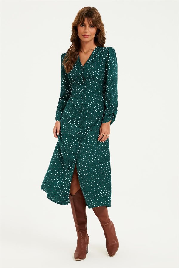 Dot Print Long Sleeve Button Front Midi Dress In Green