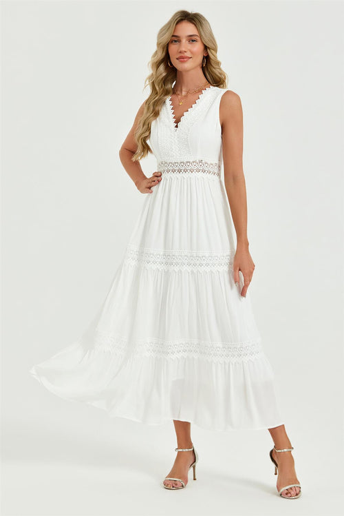 open lace back dress White Dress Elegant Women Evening Party Dresses Summer Ladies Sleeveless  Ruffles Floral Sexy Hollow Out Lace Mini Dresses (Color : White Dress, Size  : main image 0