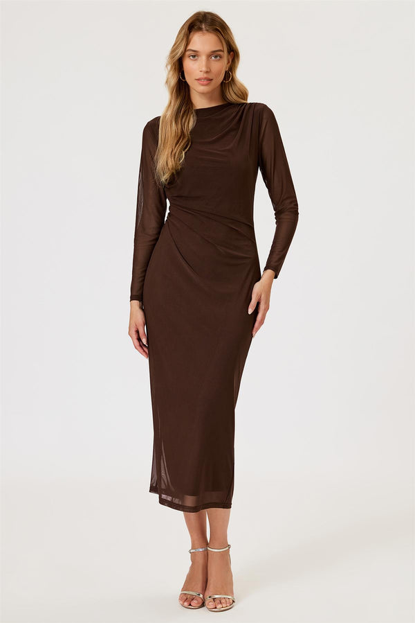 Long Sleeves Mesh Maxi Dress In Brown