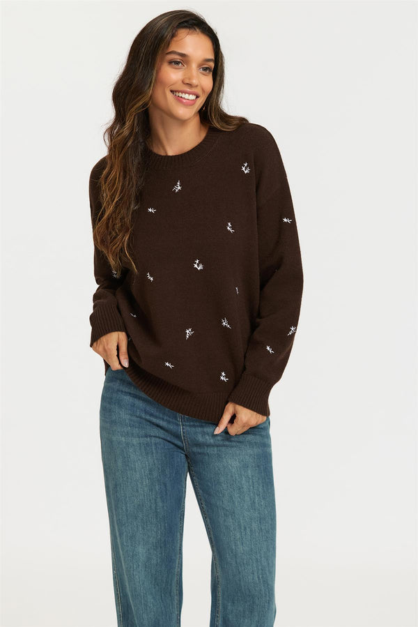 Embroidered Floral Knit Jumper Top In Brown
