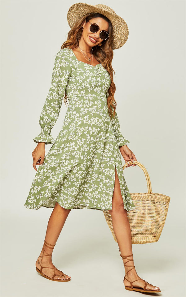 Long Sleeve Slip Leg Midi Dress In Green Flora Print