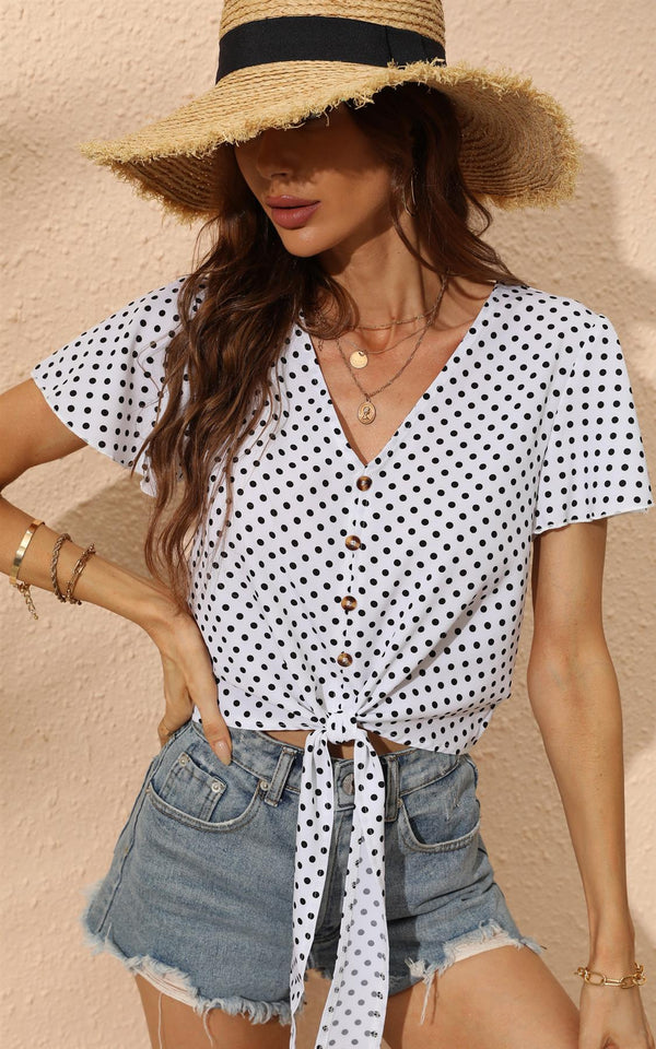 Cute Tie Knot Front Buttoned Crop T Shirt Top In White & Black Polka Dot Print