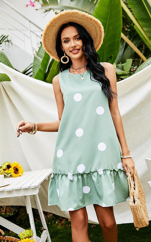 White Polka Print Frill Mini Dress In Mint Green